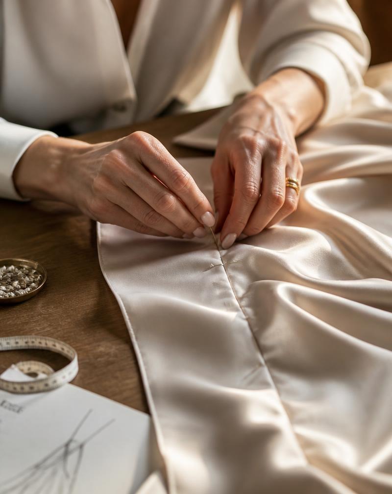 Mains épinglant une soie sur la table de coupe de l'atelier